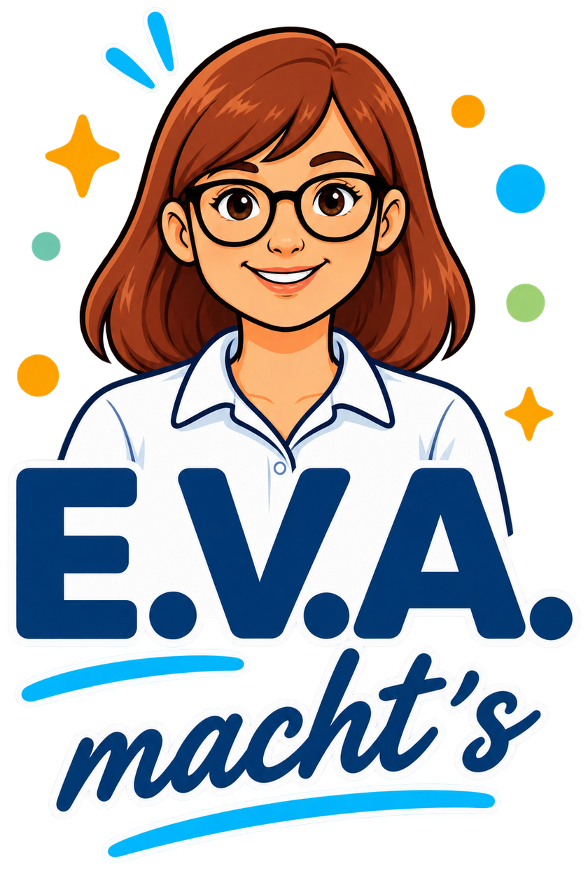 Illustration: E.V.A., eine freundliche Frau mit roten Haaren und Brille, darunter der Schriftzug E.V.A. macht's