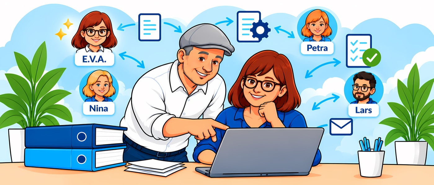 Illustration: Ein Berufsbetreuer zeigt einer Kollegin am Laptop, wie E.V.A. Dokumente benennt und an das Team verteilt